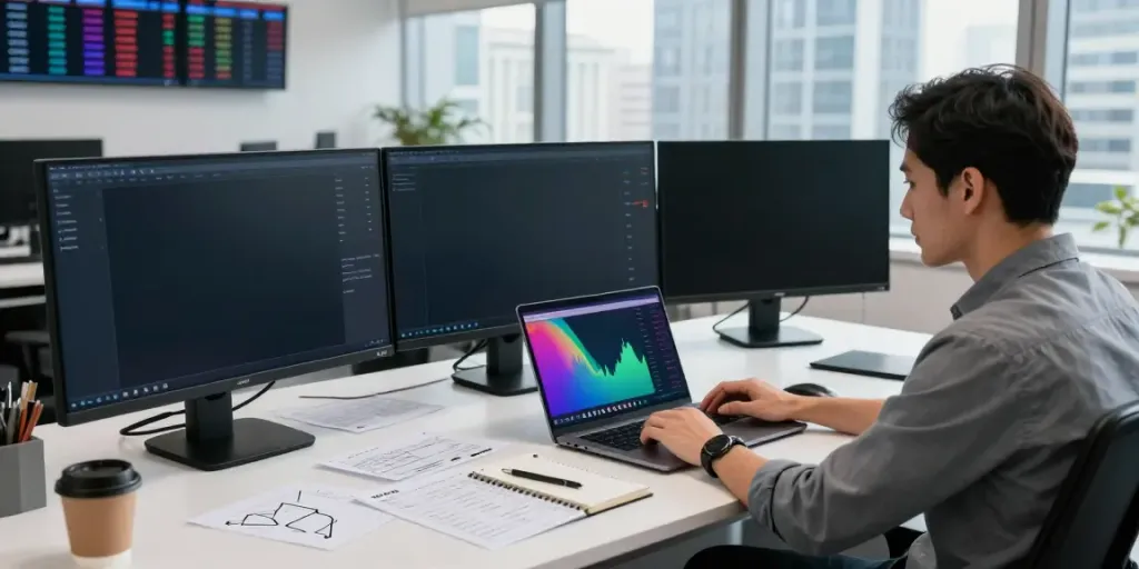 Trader analyzing MEXC US Stocks data in a modern office with multiple screens displaying market trends.