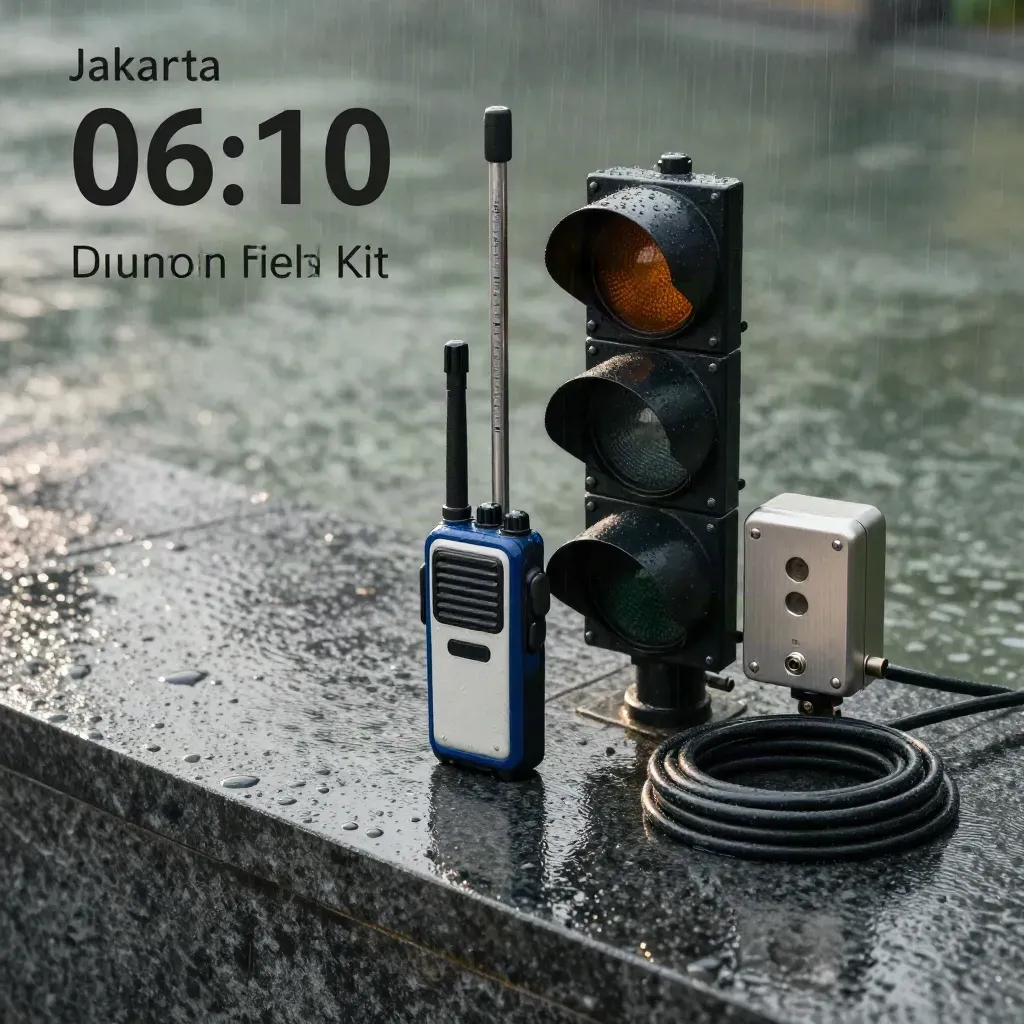Kit lapangan Jakarta Smart City di atas basalt basah, pagi monsun, cahaya miring