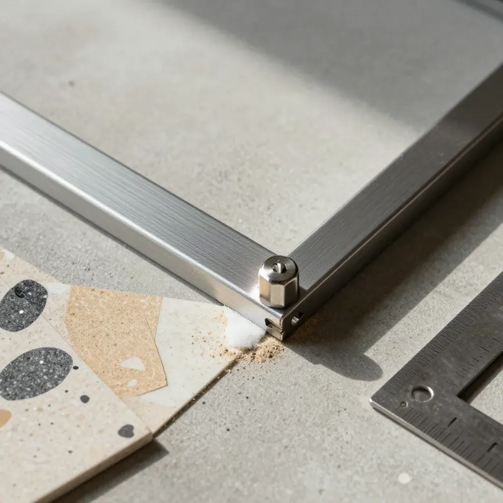 Alat layout arsitektur di beton matte: bracket anodized, clamp sudut, sampel terrazzo, dan square metal.