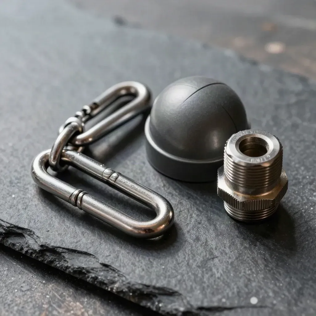 Perangkat maritim makro: shackle baja, dome transduser sonar, thimble tali, dan cable gland di atas batu tulis gelap.