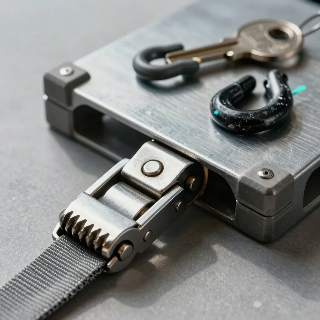 Detail logistik: gesper strap ratchet, segel kargo, pelindung sudut palet, dan kait di baja.
