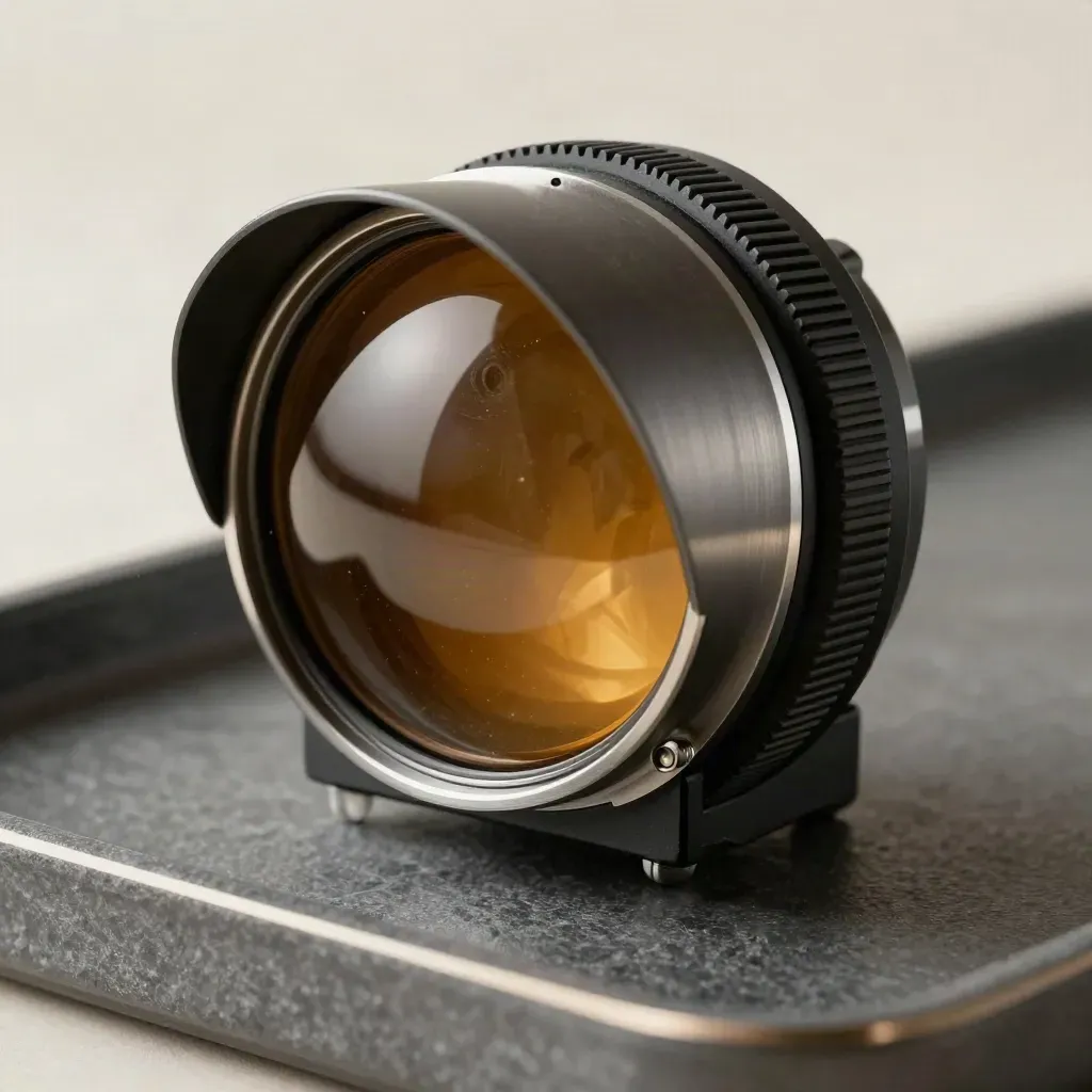 Lensa lampu lalu lintas, cincin karet, dan bezel di atas permukaan grafit.
