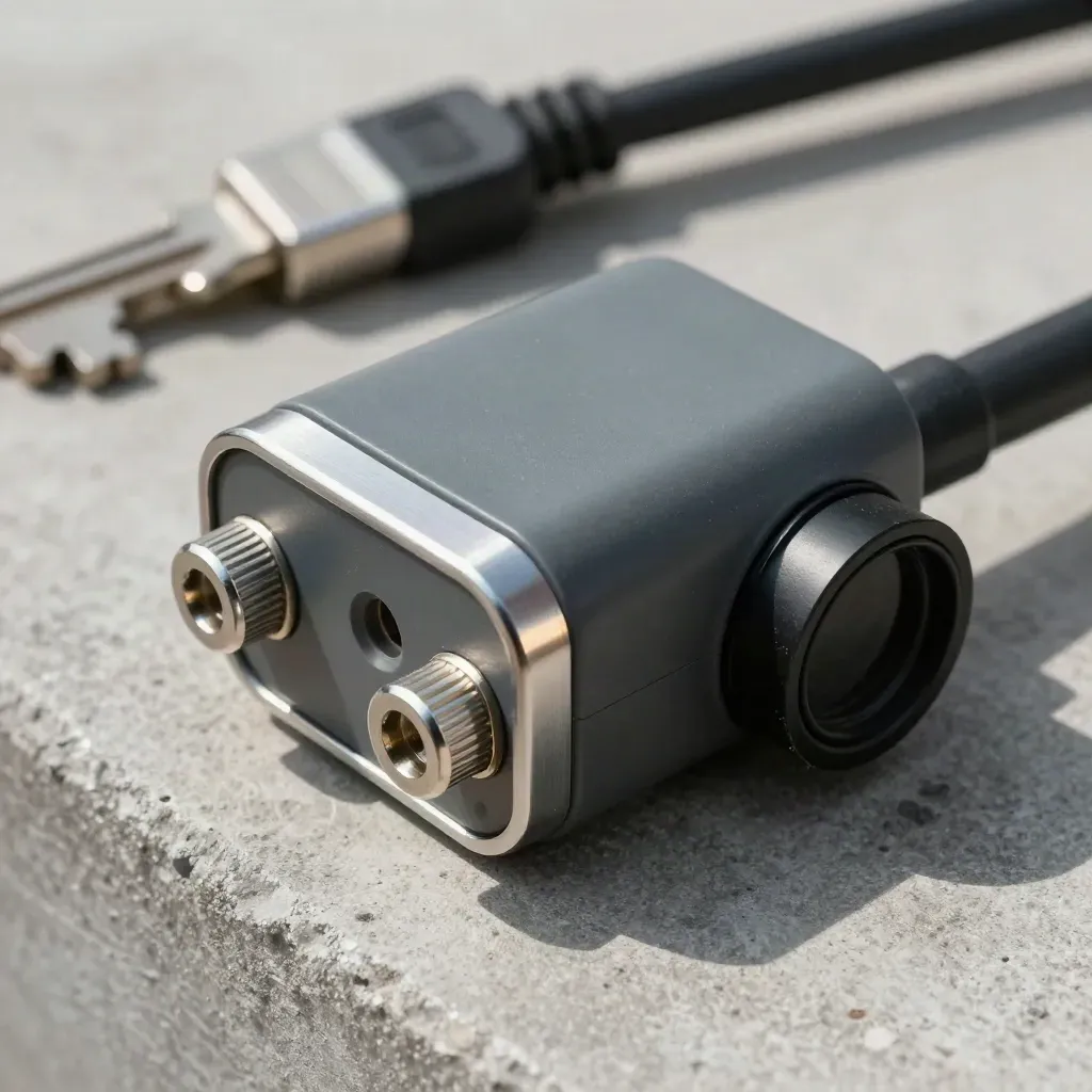 Sensor gerbang transit, ferrule kabel, dan cincin gasket di beton bengkel.