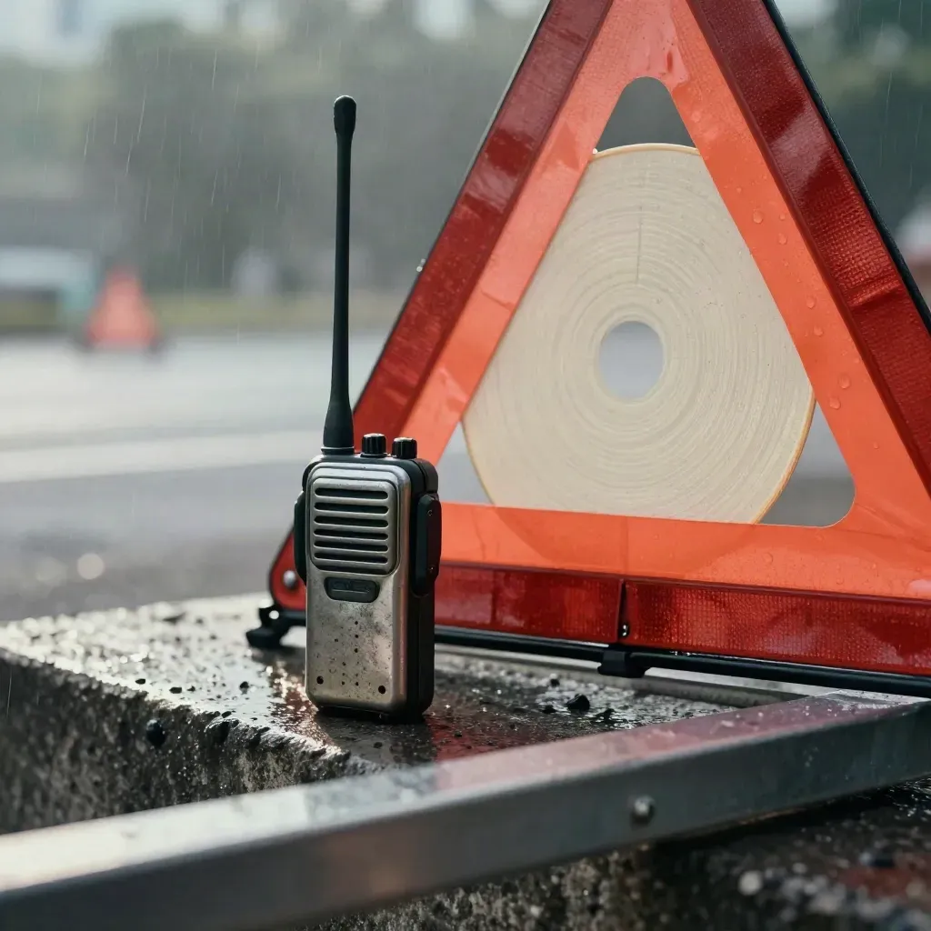 Radio operasi, rambu lipat, dan cakram marka jalan basah di pos pinggir jalan.