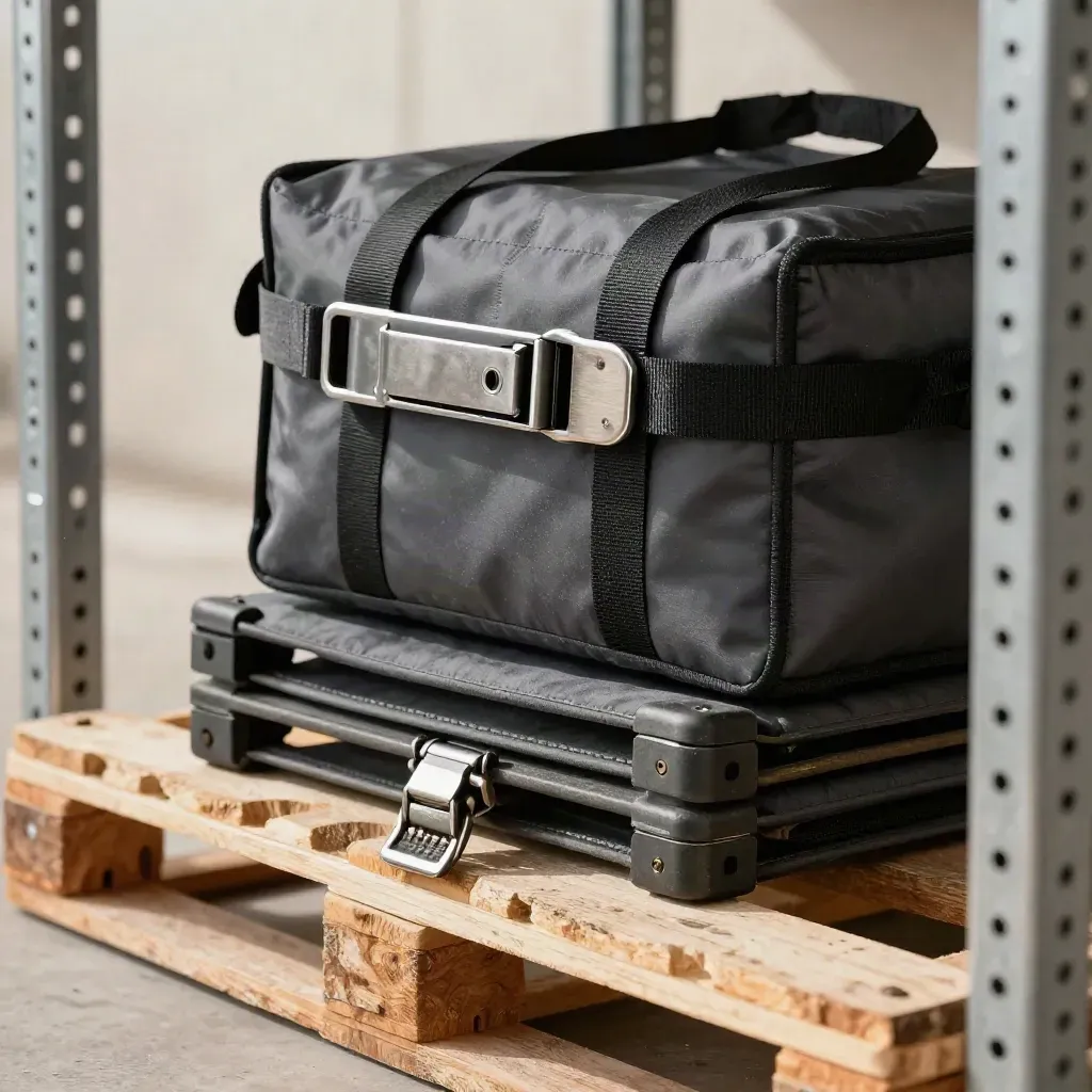 Kit logistik pengiriman: gesper strap, tas kurir berinsulasi, pelindung sudut palet, dan latch peti.