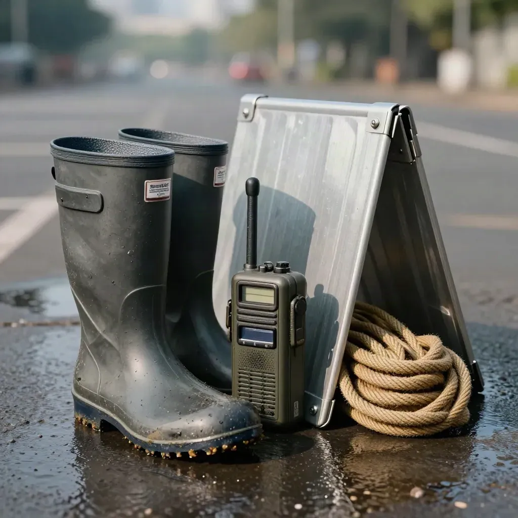 Perlengkapan banjir: sepatu bot, radio tahan air, rambu lipat, dan tali di atas batu gelap.