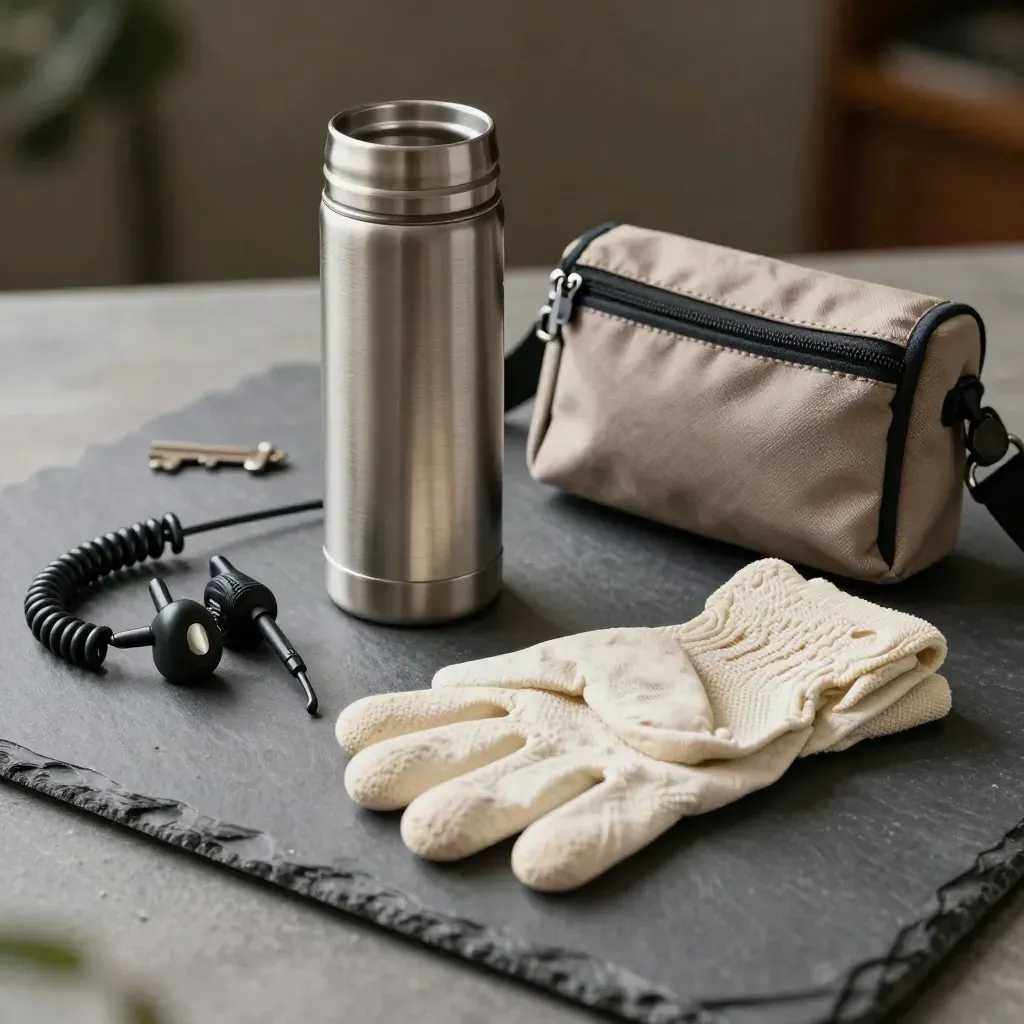 Thermos, earpiece radio, pouch lanyard, dan sarung tangan di atas slate gelap.