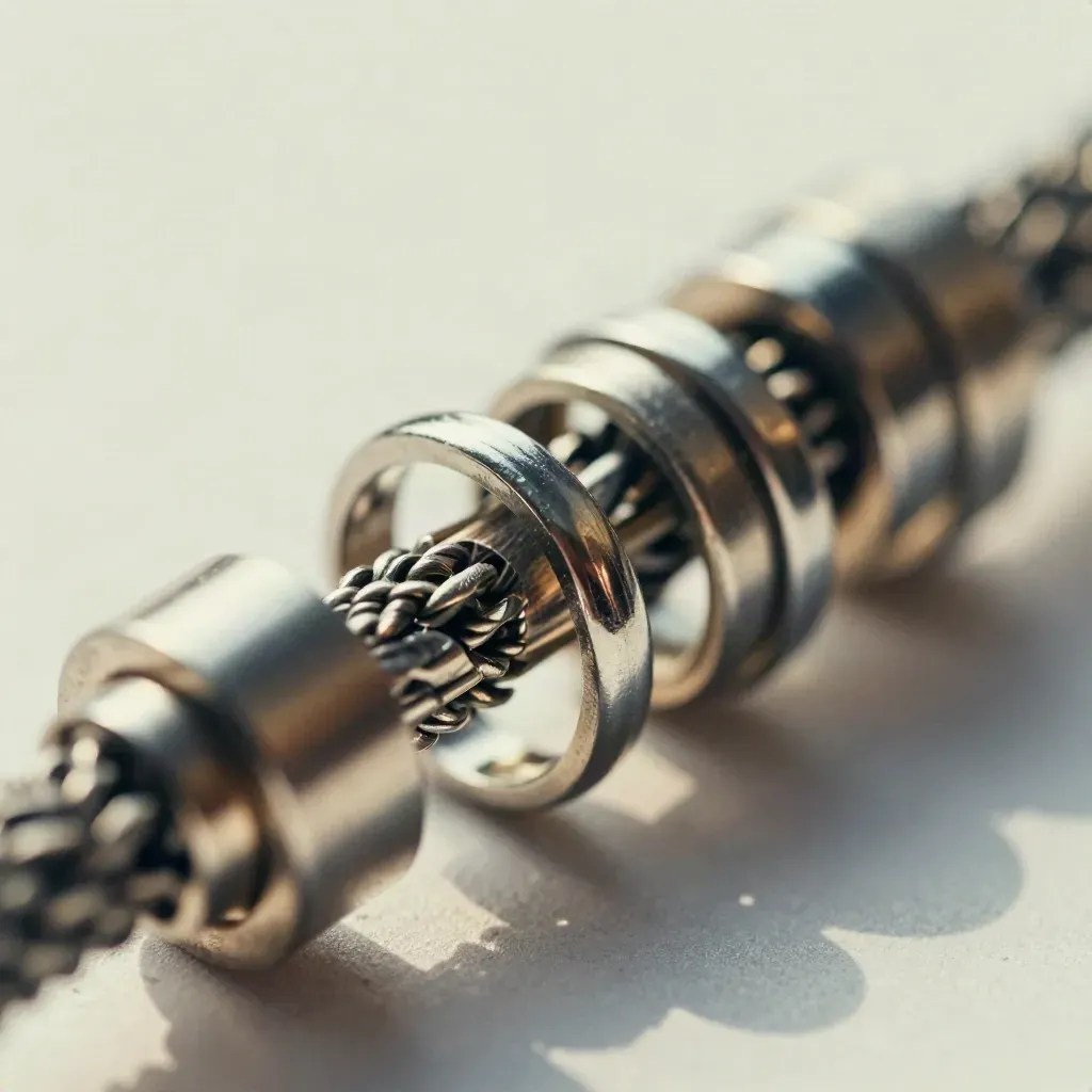 Cincin logam, penjepit, dan ujung kabel braided di atas baja brushed.