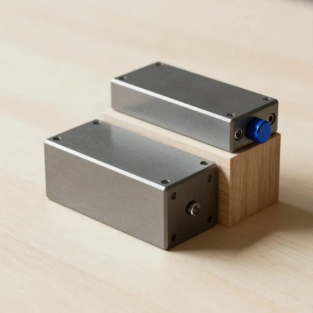 Blok modular grafit dan penghubung magnetik di atas kayu pucat dengan cahaya miring.