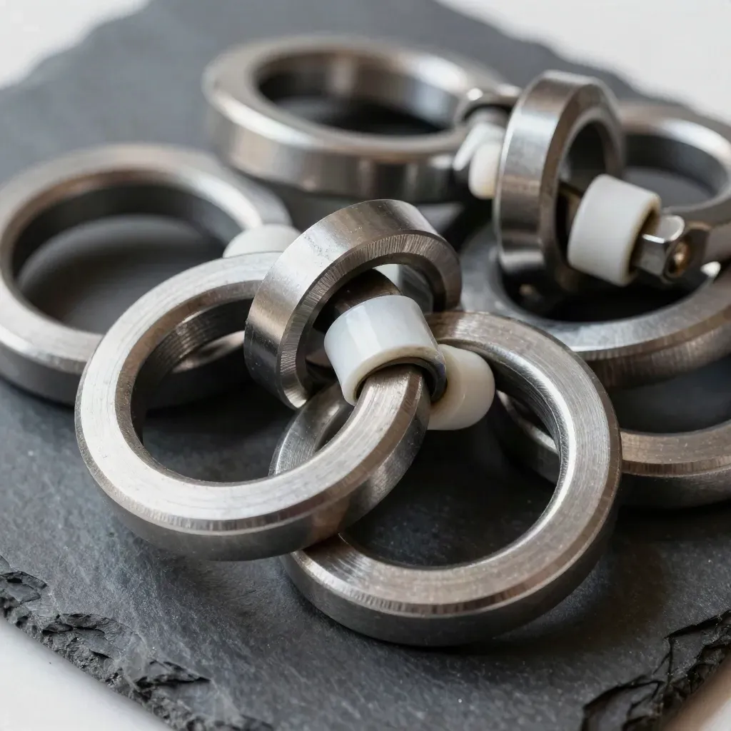 Loop baja, latch plate, dan gland kabel di atas slate gelap, close-up editorial.